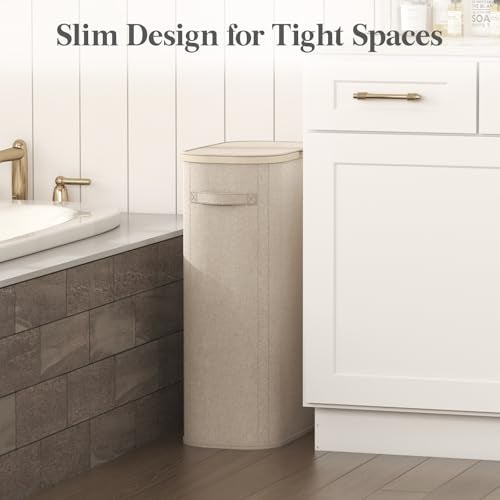 Lifewit Slim Laundry Basket with Lid Narrow Laundry Hamper with Plastic Handles and Removable Bag Tall Foldable Dirty Clothes Hampers for Laundry Room Bedroom Bathroom Dorm 65L Beige - Image 3