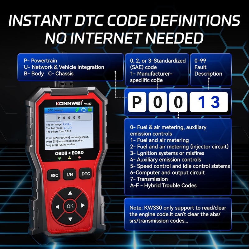 كونوي أداة تشخيص OBD2 من KW330، قارئ رموز المحرك مع اختبار جهد البطارية، تدفق البيانات المباشر، إطار التجميد، أداة تشخيص السيارة لجميع سيارات OBDII منذ عام 1996 - Image 5