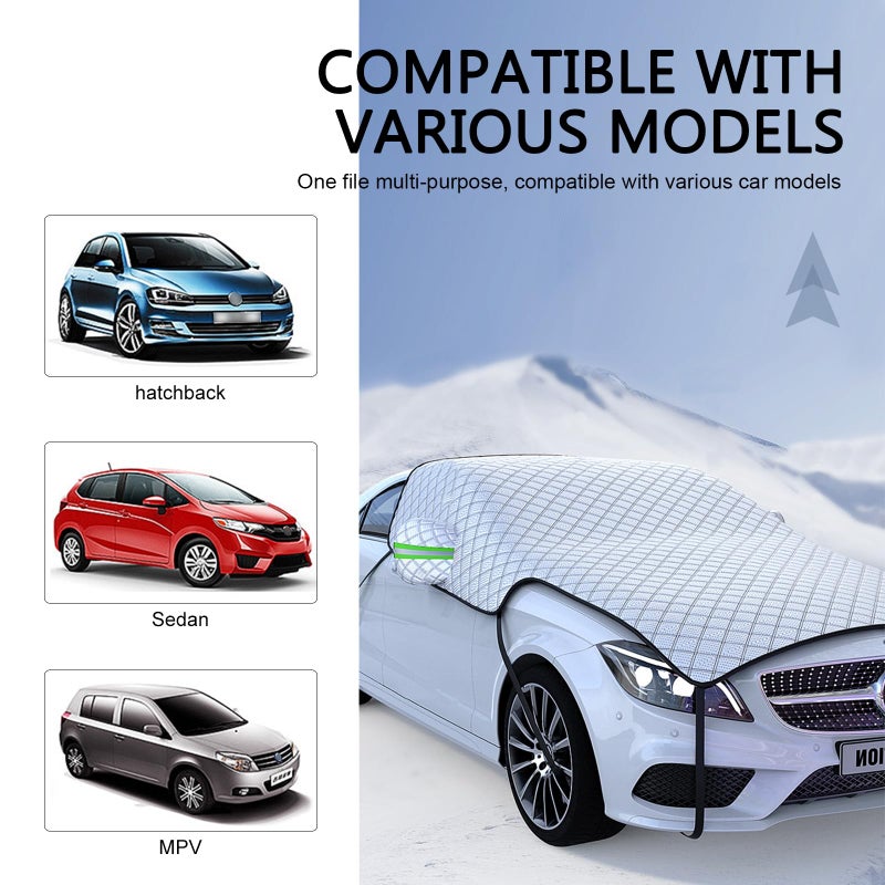 Opuweiy Car Half Cover Sunshade, Foldable Snowproof Windshield Hood Cover, All Weather Automotive Body Protector, Universal for Cars (Silver) - Image 2