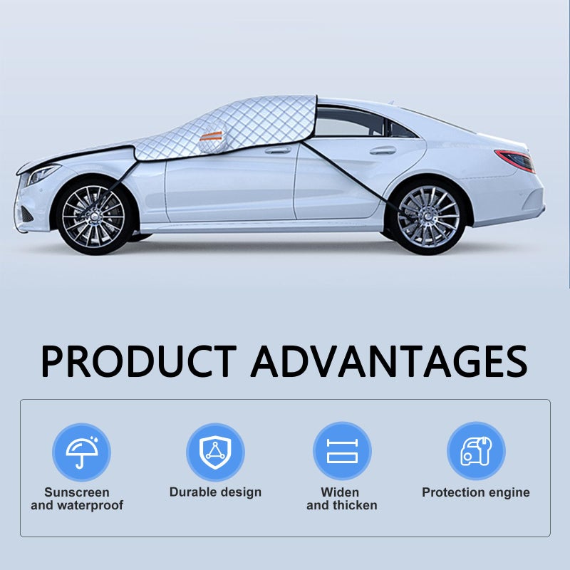 Opuweiy Car Half Cover Sunshade, Foldable Snowproof Windshield Hood Cover, All Weather Automotive Body Protector, Universal for Cars (Silver) - Image 3