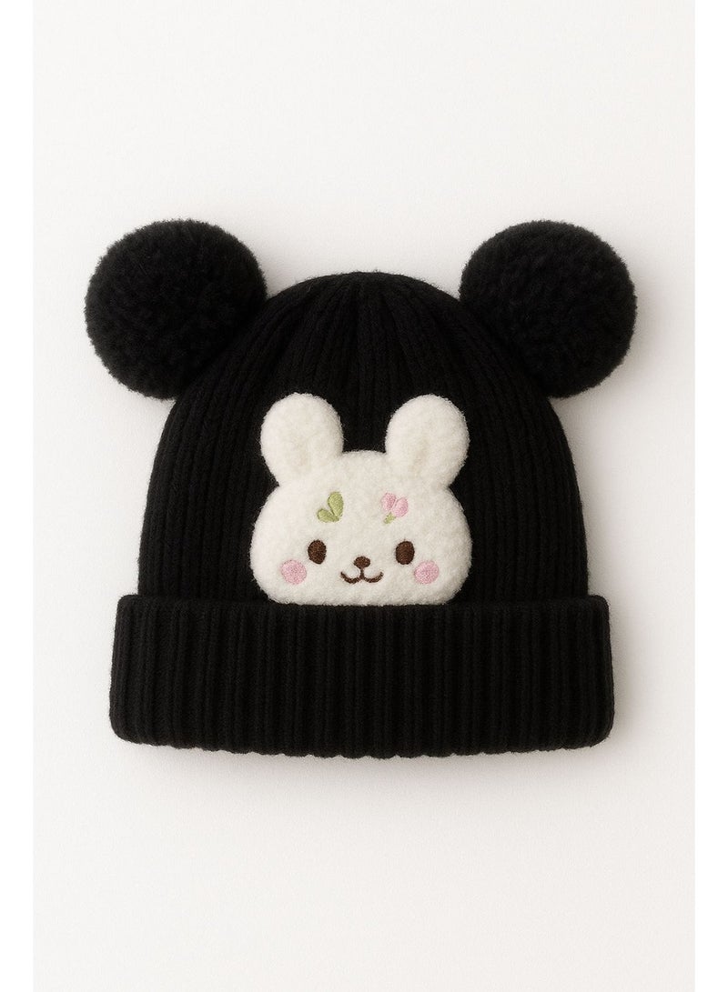 قبعة صغيرة بتصميم شخصية كرتونية وكرات صوفية (اسود ) - Image 1