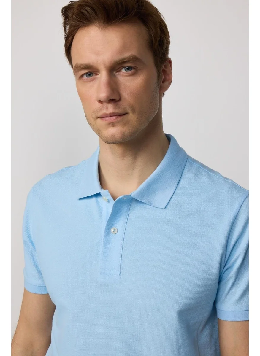 Tudors Men's Slim Fit Narrow Cut Cotton Plain Pique Blue Polo Collar T-Shirt