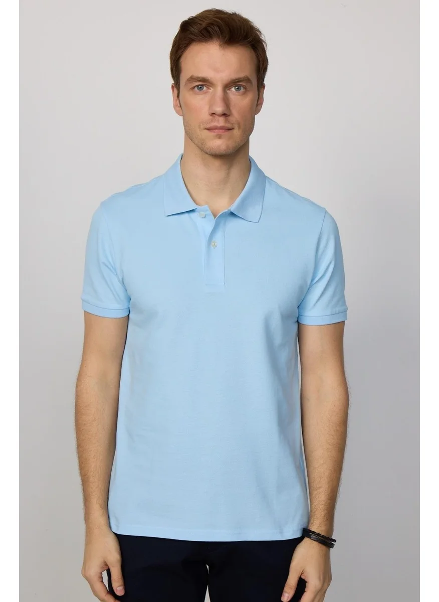 تودورس Men's Slim Fit Narrow Cut Cotton Plain Pique Blue Polo Collar T-Shirt