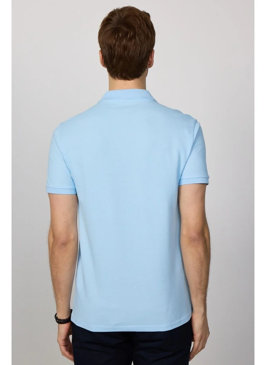 تودورس Men's Slim Fit Narrow Cut Cotton Plain Pique Blue Polo Collar T-Shirt