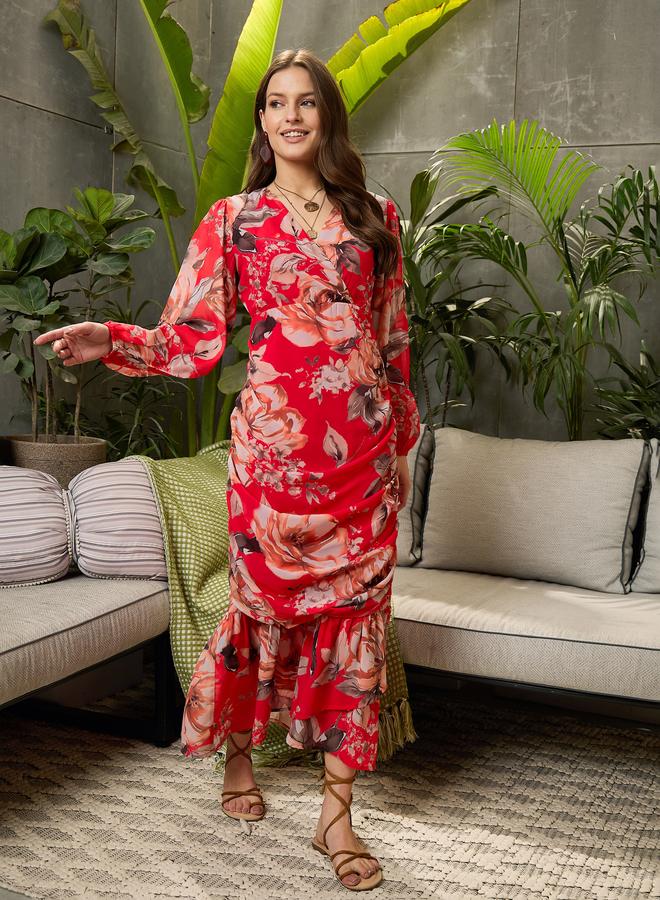 ساسافراس فستان طويل بطبعة زهور وتفاصيل مُنسدلة - Image 1