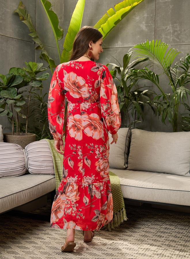 ساسافراس فستان طويل بطبعة زهور وتفاصيل مُنسدلة - Image 5