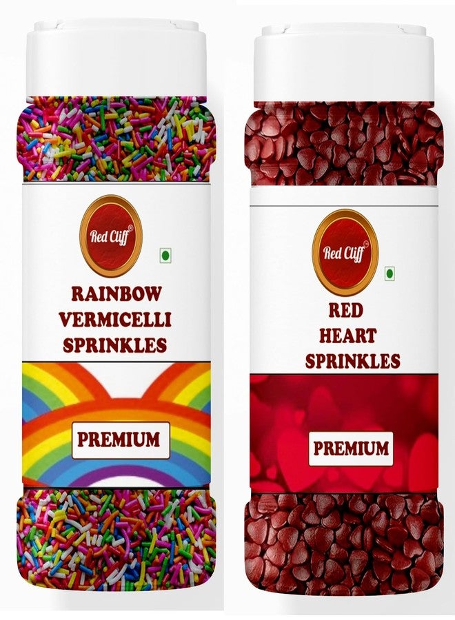 RED CLIFF Edible Red Heart+Rainbow Vermicelli Shape Sprinkles | Metallic Dessert Toppings for Cakes, Cupcakes, Ice Cream & Sweets | Edible Decorative Sugar Sprinkles | Ideal for Baking & Festive Garnishing | 100gx2 | Pack of 2 - Image 1