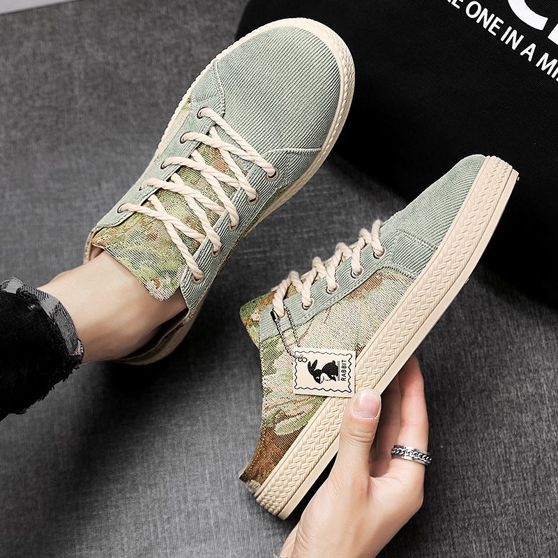 Lazy Slip-On Canvas Shoes Men'S Summer Heel-Free Baotou Sandals Cyber Celebrity Slippers Trendy-Free White Half Slippers - Image 5