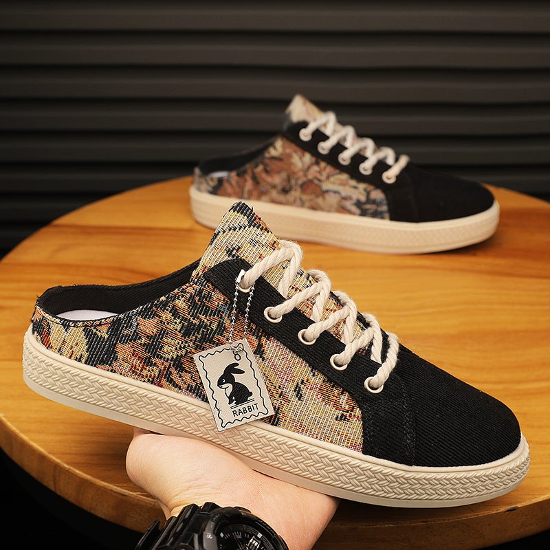 Lazy Slip-On Canvas Shoes Men'S Summer Heel-Free Baotou Sandals Cyber Celebrity Slippers Trendy-Free White Half Slippers - Image 3