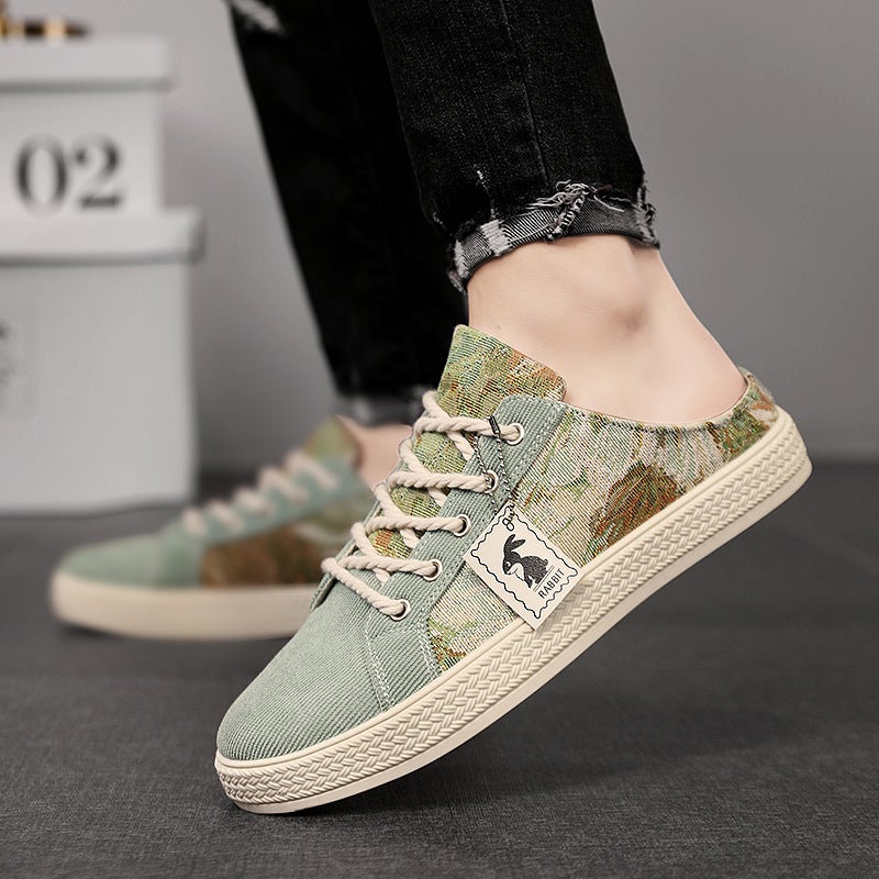 Lazy Slip-On Canvas Shoes Men'S Summer Heel-Free Baotou Sandals Cyber Celebrity Slippers Trendy-Free White Half Slippers - Image 2