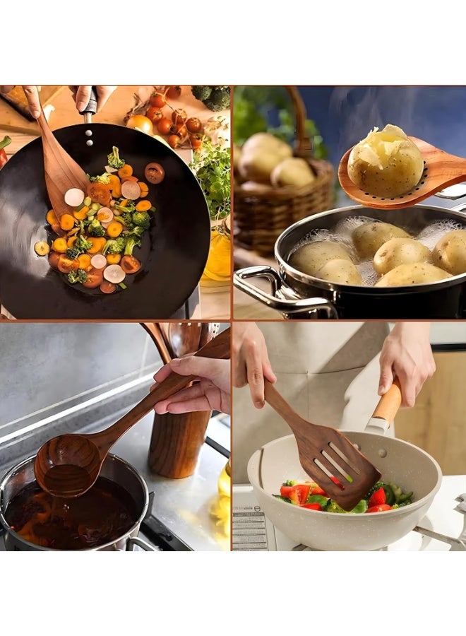 NANAO Wooden Kitchen Utensils Set, 6Pcs Natural Teak Wooden Spoons For Non-stick Pan for Cooking, Includes Spoons, Ladles, Strainer Spoon, Salad Fork - Image 4