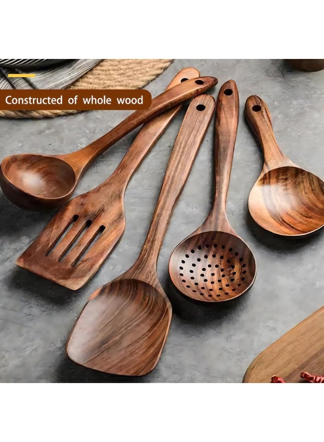 NANAO Wooden Kitchen Utensils Set, 6Pcs Natural Teak Wooden Spoons For Non-stick Pan for Cooking, Includes Spoons, Ladles, Strainer Spoon, Salad Fork - Image 2