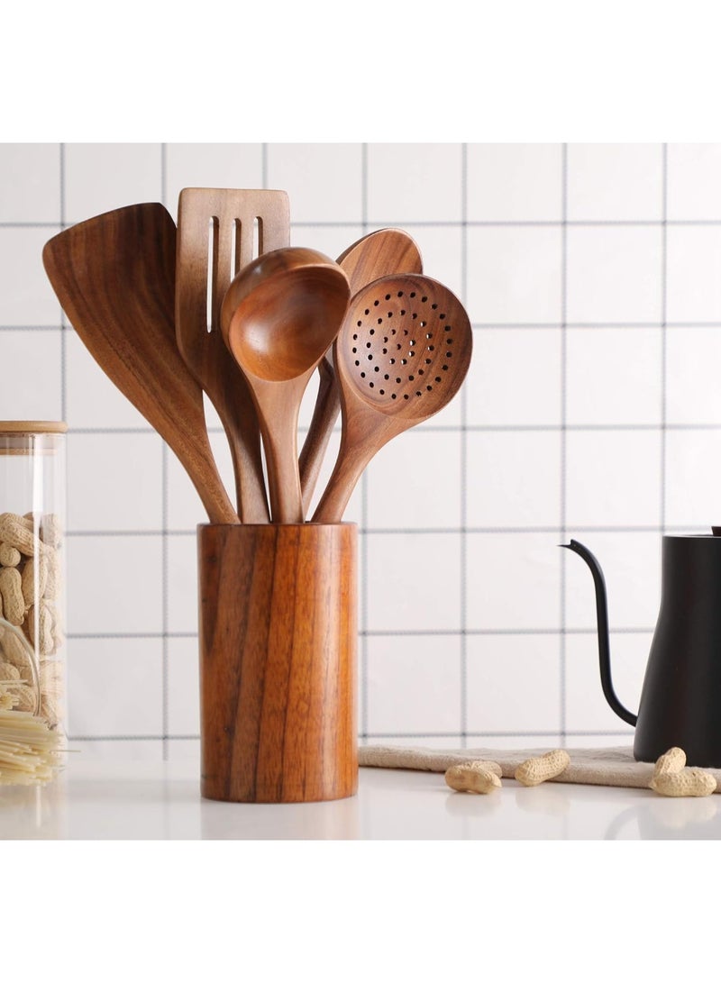 NANAO Wooden Kitchen Utensils Set, 6Pcs Natural Teak Wooden Spoons For Non-stick Pan for Cooking, Includes Spoons, Ladles, Strainer Spoon, Salad Fork - Image 5