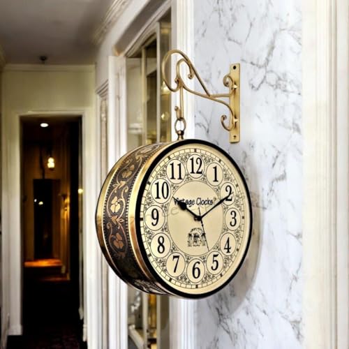 Vintage Clock Handcrafted Double Sided Railway Style Iron Wall Clock, 10x10 Inch, Brass Colour, Analog - Image 1