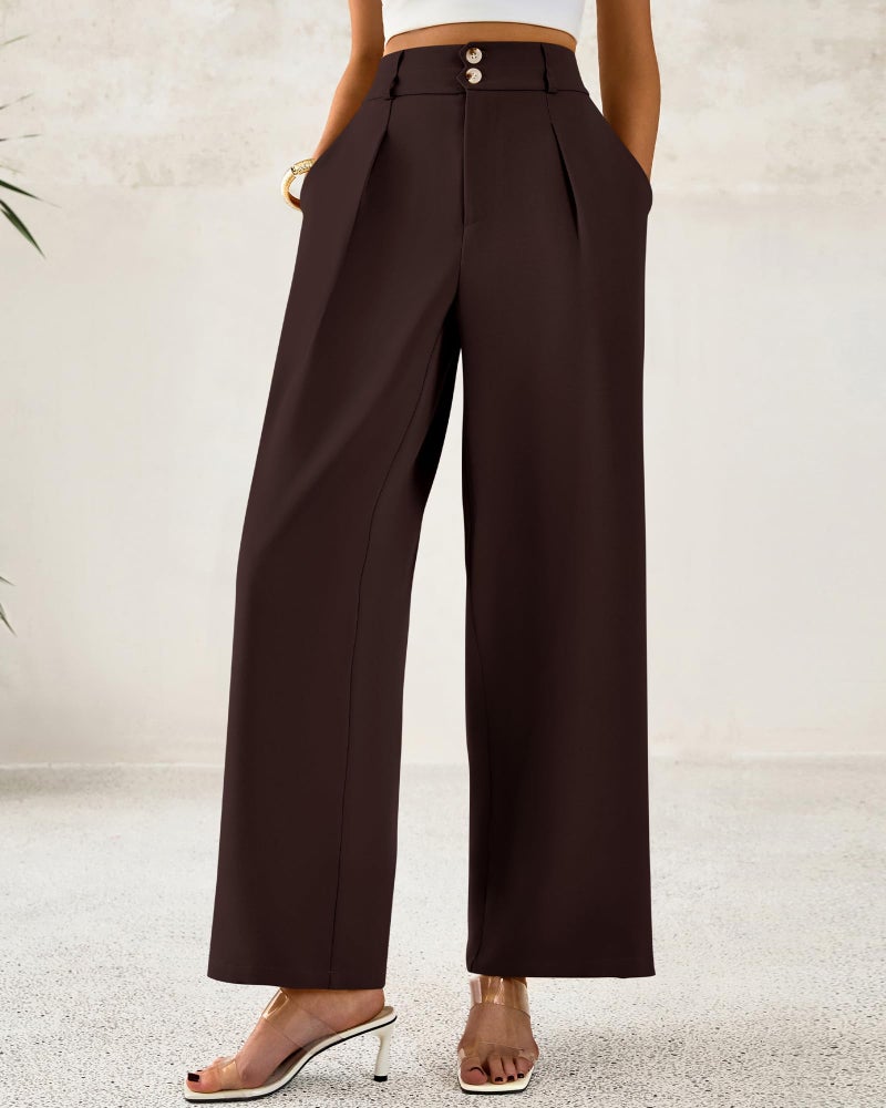 BTFBM Women Wide Leg Dress Pants 2026 High Waisted Button Pleated Business Casual Trousers Office Work Palazzo Pants(Dark Brown, Small) - Image 4