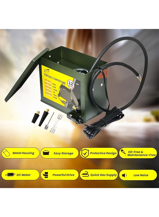 3Xr Portable Air Compressor, 12V Dc, 160W, 150 Psi, Metal Housing, With 3 Adapters For Auto Tires, Bike Tires, Balls, And Inflatable Boats, Oil-Free And Maintenance-Free - Image 4