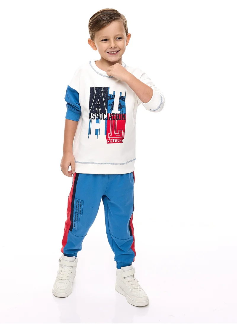 victor and jane Boys' 2-Piece Sets -Off white Sweatshirt with contast blue sleeves and Blue/Red cut & sew Jogger Set  (2 -8 yrs)