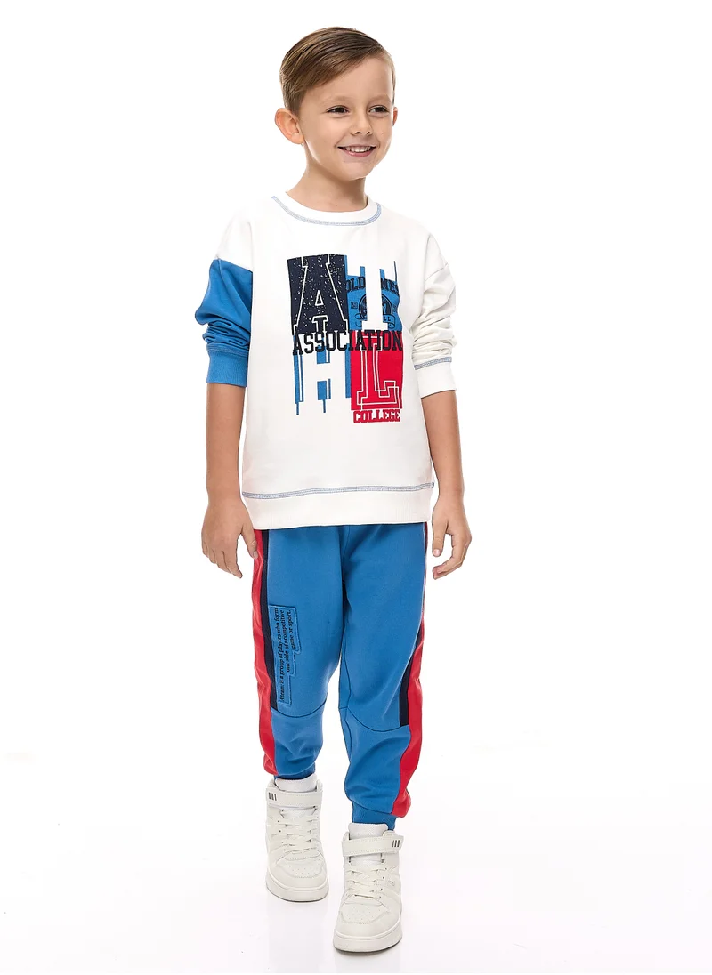 victor and jane Boys' 2-Piece Sets -Off white Sweatshirt with contast blue sleeves and Blue/Red cut & sew Jogger Set  (2 -8 yrs)