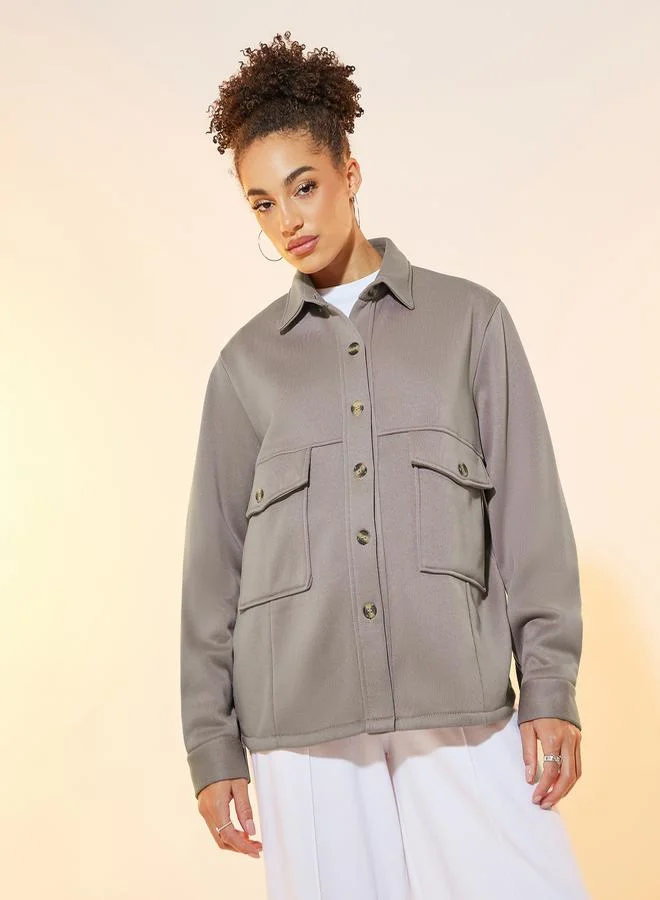 Take Two Solid Front Button Collar Neck Pocket Jacket