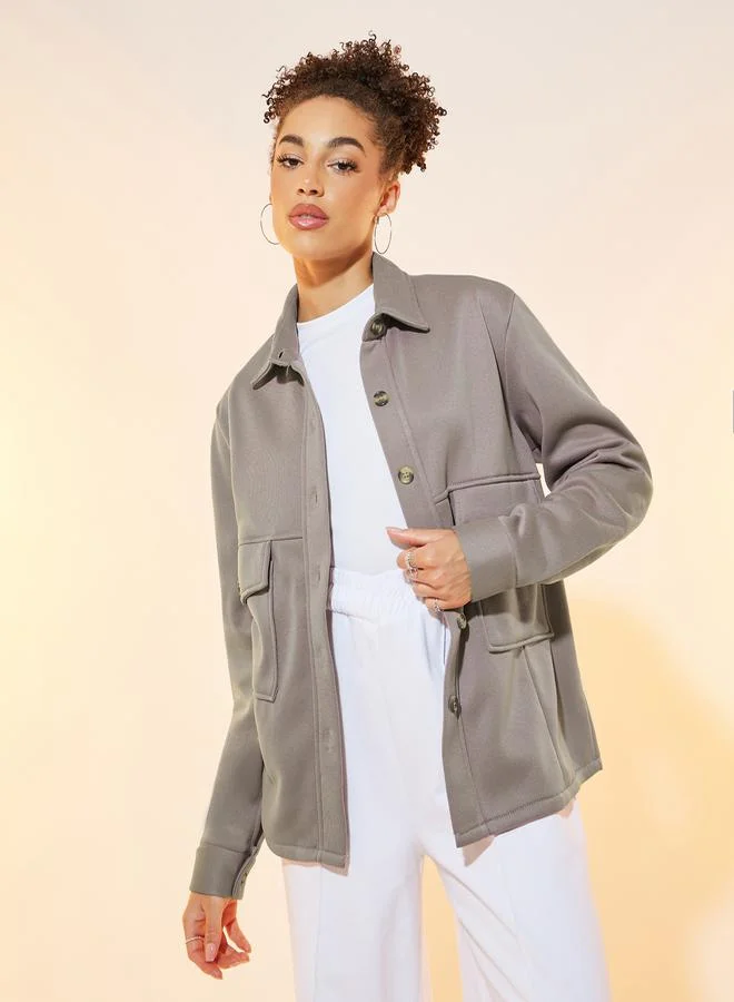 Take Two Solid Front Button Collar Neck Pocket Jacket