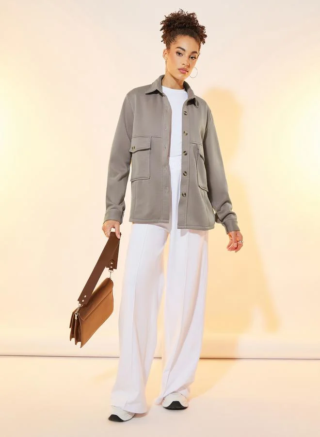 Take Two Solid Front Button Collar Neck Pocket Jacket