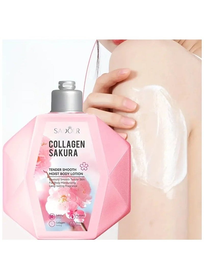 SADOER Collagen Sakura Body Lotion, 300ml Hypoallergenic Moisturizing Cream with Hyaluronic Acid and Glycerin for All Skin Types, Cherry Blossom Scented, Improves Dry Skin, Suitable for Dark Skin Tone - Image 5