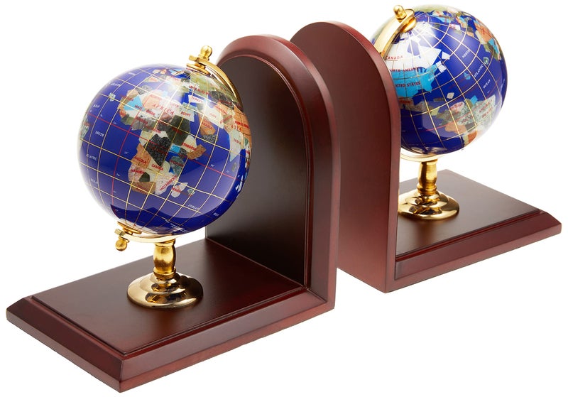 Unique Art 7Inch Tall Pair of Blue Lapis Ocean Gemstone World Globe Bookends