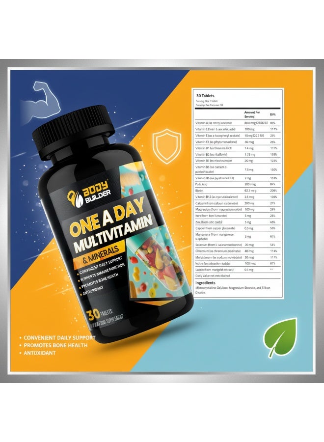 بودي بيلدر أقراص ون أ داي متعددة الفيتامينات والمعادن، فيتامينات يومية من أ إلى ك، 30 قرصًا، لدعم الصحة العامة - Image 3