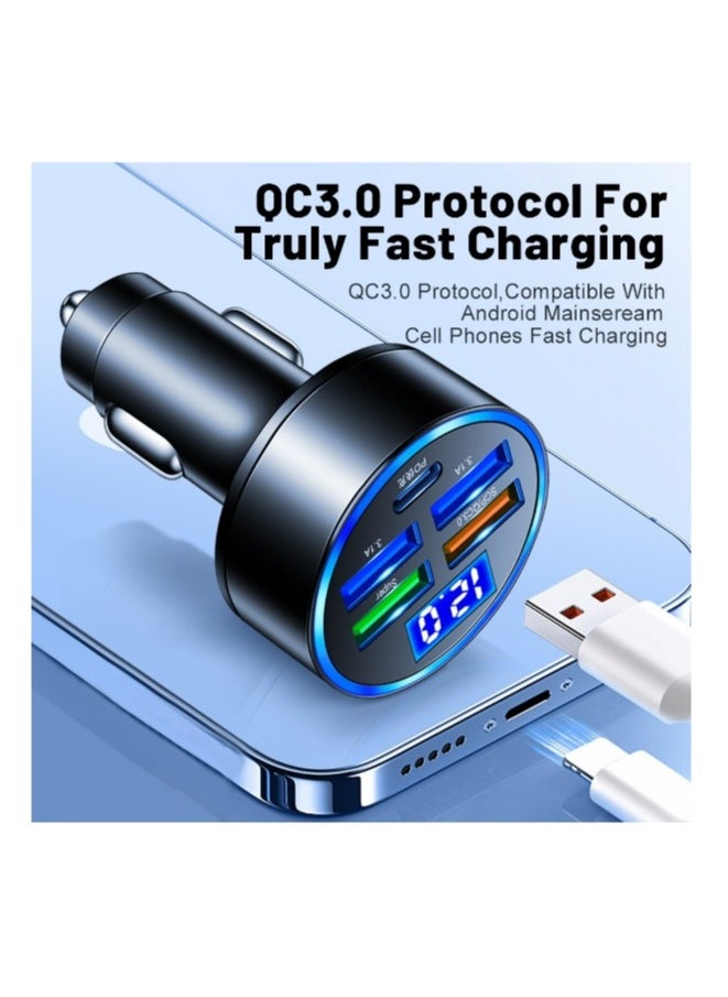 HYUNDAI - 5 Ports Car Charger PD 20W with Hole 80W 4 USB Super Fast Charge 66W USB Car Charger Fast Charge with LED Light Display Car Charger Adapter Black - Image 1