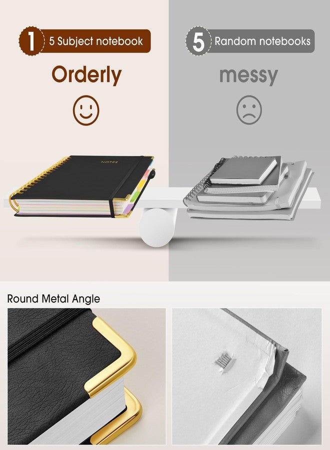 dilitego Hardcover Spiral Notebook 8.5"x11" Journal with Removable Dividers Tabs, 300 Pages Leather 5 Subject Notebook College Ruled, Large A4 Notebooks for Work School, Lined Journal for Women, A4 Black - Image 4