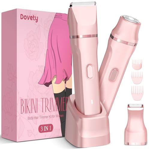 Dovety Bikini Trimmer for Women, Dovety 3 in 1 Painless Electric Razors for Women, Rechargeable Pubic Hair Trimmer Electric Shaver for Legs Body Facial Hair, IPX7 Waterproof, Ceramic Blade, USB Charge Dock - Image 1