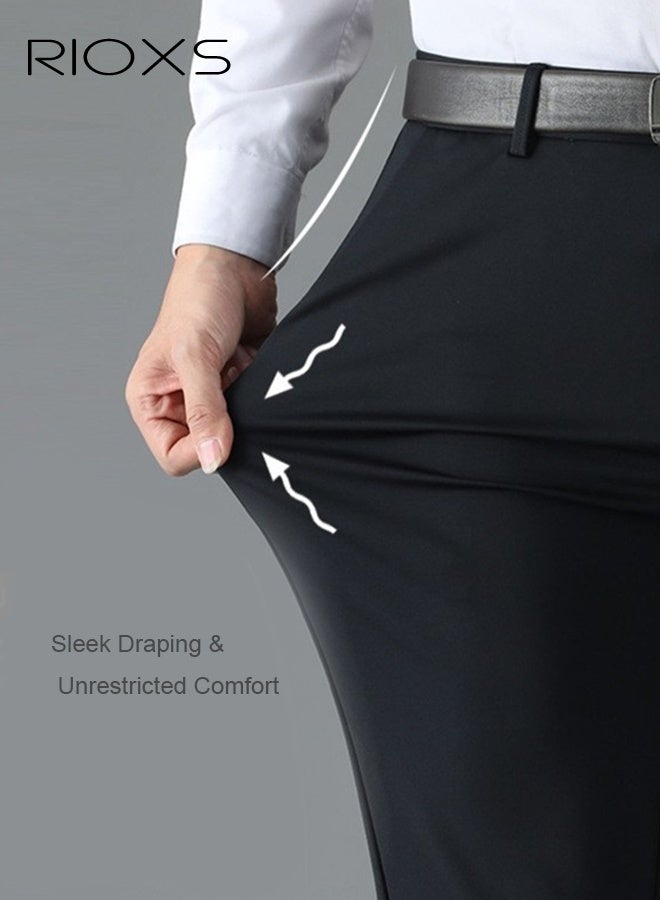 RIOXS Men's Black Pants, Spring Summer Thin Business Casual Trousers, Polyester 4-Way Stretch Pants, Relaxed Fit Straight Leg Office Pants, Formal Yet Comfortable Suit Pants for Men, Breathable Mid-Rise Trousers, Essential Work Wardrobe​ - Image 3