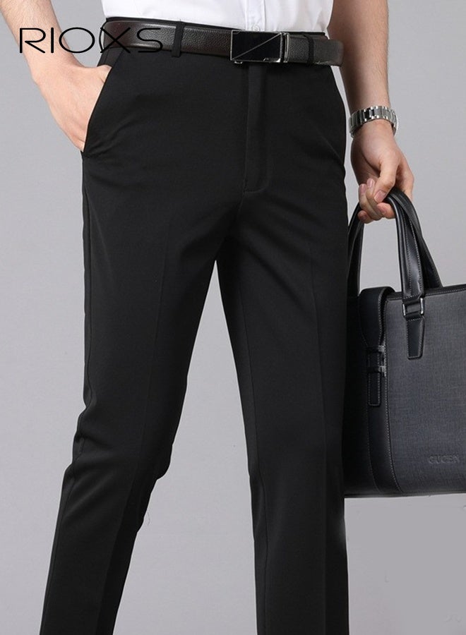 RIOXS Men's Black Pants, Spring Summer Thin Business Casual Trousers, Polyester 4-Way Stretch Pants, Relaxed Fit Straight Leg Office Pants, Formal Yet Comfortable Suit Pants for Men, Breathable Mid-Rise Trousers, Essential Work Wardrobe​ - Image 2