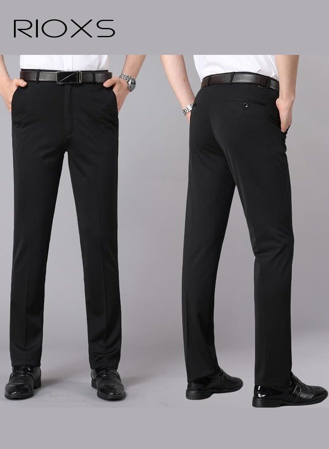 RIOXS Men's Black Pants, Spring Summer Thin Business Casual Trousers, Polyester 4-Way Stretch Pants, Relaxed Fit Straight Leg Office Pants, Formal Yet Comfortable Suit Pants for Men, Breathable Mid-Rise Trousers, Essential Work Wardrobe​ - Image 4