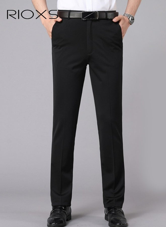 RIOXS Men's Black Pants, Spring Summer Thin Business Casual Trousers, Polyester 4-Way Stretch Pants, Relaxed Fit Straight Leg Office Pants, Formal Yet Comfortable Suit Pants for Men, Breathable Mid-Rise Trousers, Essential Work Wardrobe​ - Image 1