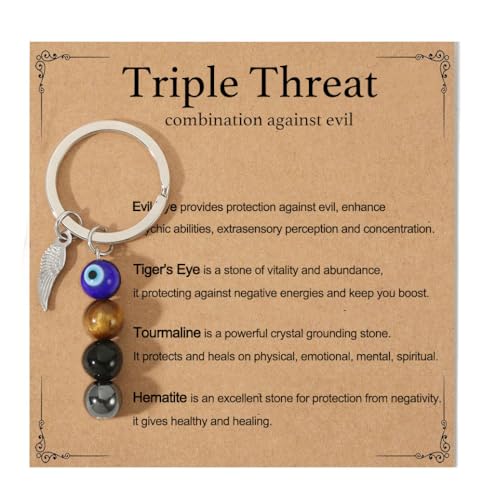 AULSIEY Evil Eye Keychain Charms Decor, Evil Eye Jewelry Triple Empath Protection Keychain for Women, Emotional Protection Healing Crystals Keychains Mental Health Gifts, Natural Crystal Keychains - Image 1