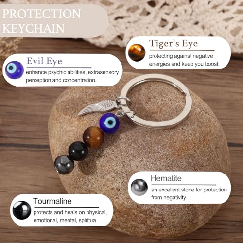 AULSIEY Evil Eye Keychain Charms Decor, Evil Eye Jewelry Triple Empath Protection Keychain for Women, Emotional Protection Healing Crystals Keychains Mental Health Gifts, Natural Crystal Keychains - Image 2