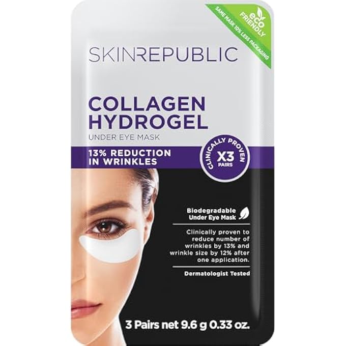SKIN REPUBLIC Collagen Hydrogel Under Eye Patches (3 Pairs) Eye Mask with Green Tea & Aloe Vera, Reduces Wrinkles, Puffiness & Dark Circles, Hydrates, Repairs Skin & Protects from Free Radicals - Image 1