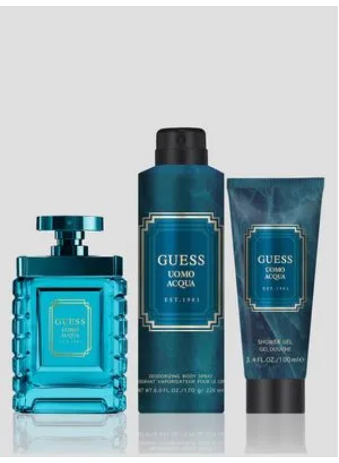 GUESS Uomo Acqua EST. 1981 Gift Set for Men EDT 100ml+Body Spray: 226 ml+Shower Gel: 100 ml+Pouch - Image 2