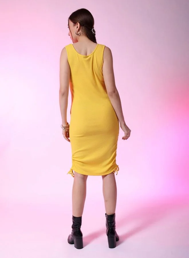 Freehand  Women Bodycon Solid Round Neck Sleeveless Ruched Rib Dress for Women | Best Price UAE