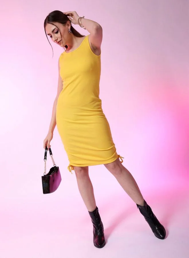 Freehand  Women Bodycon Solid Round Neck Sleeveless Ruched Rib Dress for Women | Best Price UAE
