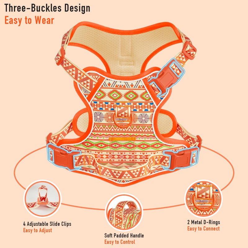 AUNZO No Pull Dog Harness for Large Dogs with 2 Metal Clips, Easy On/Off with Neck Buckle, Heavy Duty Adjustable Puppy Vest, Breathable Pet Harness with Easy Control Handle, Orange Ethnic L - Image 3