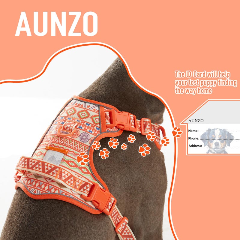 AUNZO No Pull Dog Harness for Large Dogs with 2 Metal Clips, Easy On/Off with Neck Buckle, Heavy Duty Adjustable Puppy Vest, Breathable Pet Harness with Easy Control Handle, Orange Ethnic L - Image 5