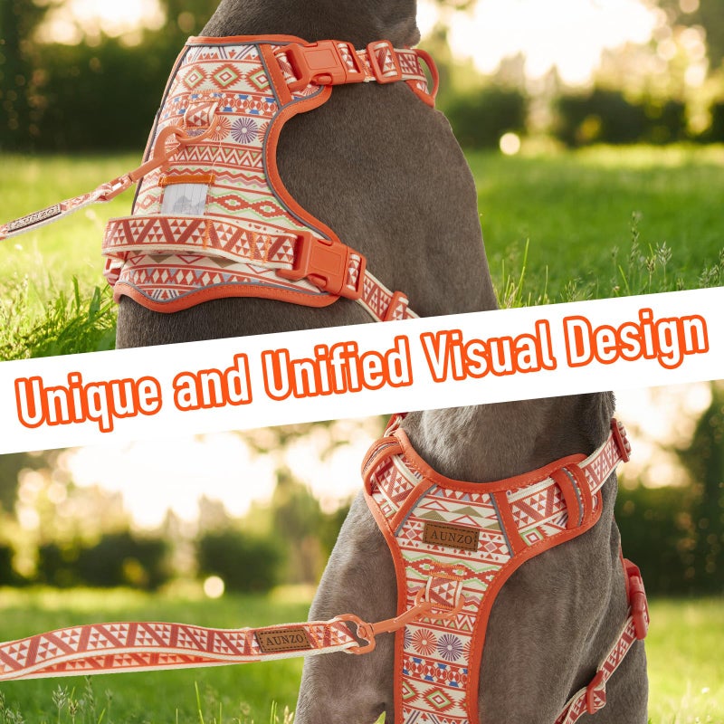 AUNZO No Pull Dog Harness for Large Dogs with 2 Metal Clips, Easy On/Off with Neck Buckle, Heavy Duty Adjustable Puppy Vest, Breathable Pet Harness with Easy Control Handle, Orange Ethnic L - Image 2