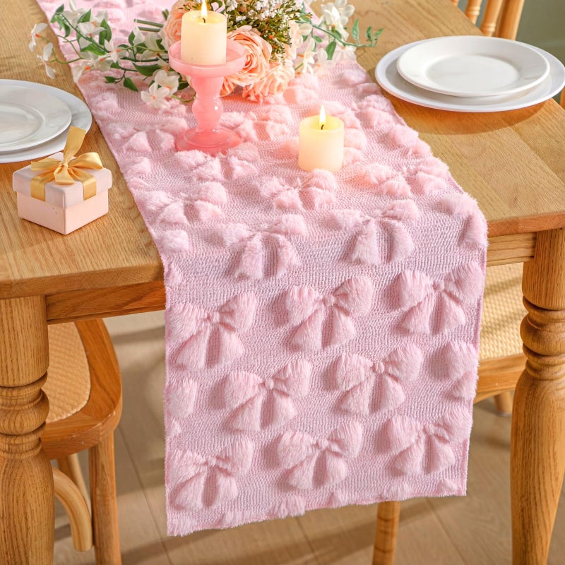 Breling Pink Bow Table Runner Coquette Room Decor Bedside Cute Dresser Scarf Faux Fur Soft Coquette Bow Table Cover for Birthday Baby Shower Party Kitchen Dining Desk Decoration, 12" x 72" - Image 1