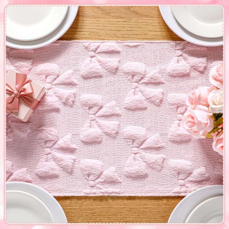 Breling Pink Bow Table Runner Coquette Room Decor Bedside Cute Dresser Scarf Faux Fur Soft Coquette Bow Table Cover for Birthday Baby Shower Party Kitchen Dining Desk Decoration, 12" x 72" - Image 4