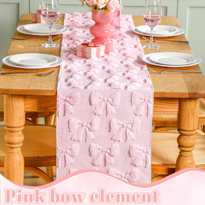 Breling Pink Bow Table Runner Coquette Room Decor Bedside Cute Dresser Scarf Faux Fur Soft Coquette Bow Table Cover for Birthday Baby Shower Party Kitchen Dining Desk Decoration, 12" x 72" - Image 3