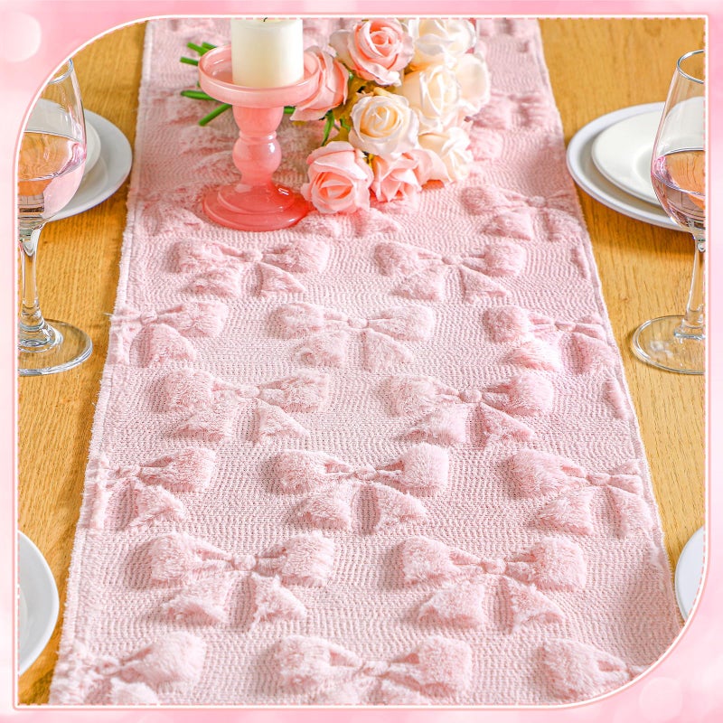 Breling Pink Bow Table Runner Coquette Room Decor Bedside Cute Dresser Scarf Faux Fur Soft Coquette Bow Table Cover for Birthday Baby Shower Party Kitchen Dining Desk Decoration, 12" x 72" - Image 5