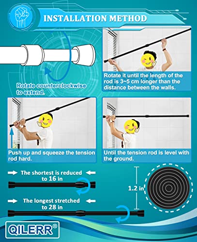 QILERR Small Tension Rods 16 to 28 Inches, Adjustable Short Extension Curtain Rod, Heavy Duty Spring Loaded Mini tension rods for Windows, Curtain, Closet, Clothes, Diameter 1inch, Black - Image 4