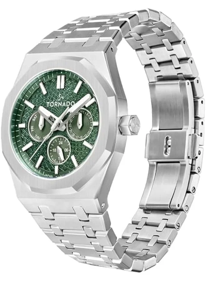 تورنيدو Tornado Aurora Men's Miyota 6P29 Movement Watch, Multi Function Display and Stainless Steel Brushed Bracelet Strap - T23104-SBSH, Silver